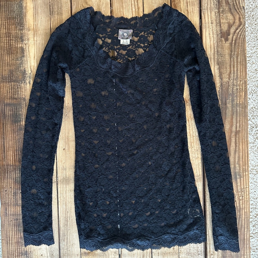 Intimately Free People Black Floral Lace Long Sleeve V-Neck Top Small